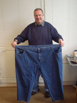 Andrew Beardwood with his 60 inch waist trousers South West Yorkshire Partnership NHS Foundation Trust
