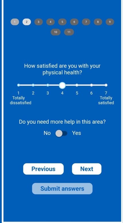 A screenshot with an example question from the patient outcomes questionnaire which asks a question about how satisfied you are with your physical health. It includes a slider from 1 (totally dissatisfied) to 7 (totally satisfied). It also asks if you need more help in this area, with the option to reply yes or no.
