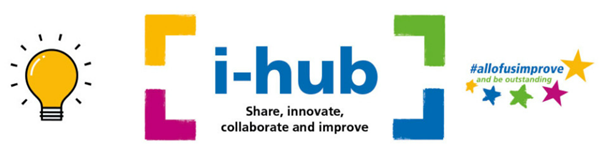 Image of a lightbulb and the all of us improve logo. Text reads i-hub share, innovate, collaborate and improve