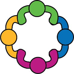 Image of four people holding hands in a circle. Each person is a different colour, including green, blue, purple and yellow.
