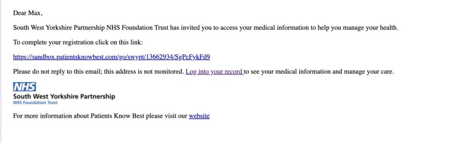 A screenshot which shows an example of an email which invites people to register for Patients Know Best