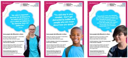 An image of three posters featuring photos of young people and information about stammering