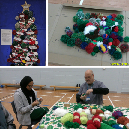 A collage showing people crafting a pom-pom Christmas tree