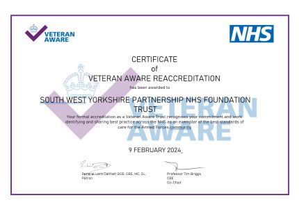 Image of a certificate awarded for achieving Veteran Aware accreditation