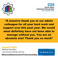 An image with text on a yellow background - “A massive thank you to our admin colleague for all your hard work and support over this past year. We would most definitely have not been able to manage without you. You are an absolute star! Thank you so much”