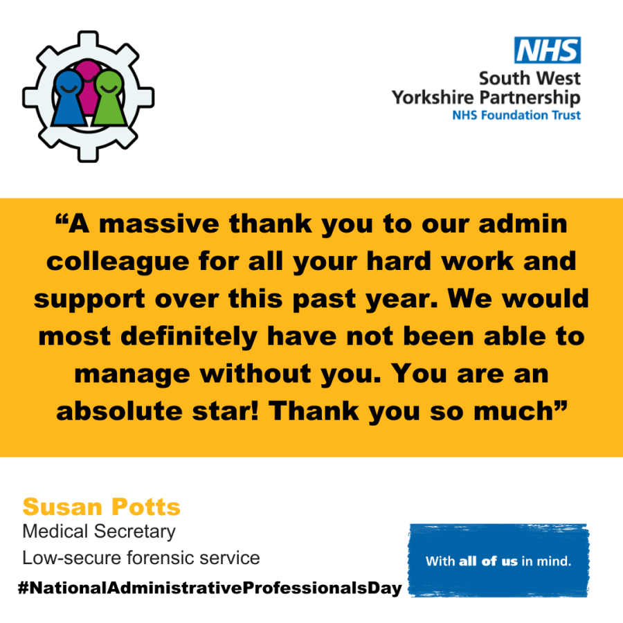 An image with text on a yellow background - “A massive thank you to our admin colleague for all your hard work and support over this past year. We would most definitely have not been able to manage without you. You are an absolute star! Thank you so much”