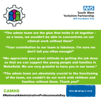 A graphic with a green background with the text - “The admin team are the glue that holds it all together – as a team, we wouldn’t be able to concentrate on our clinical work without them”