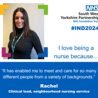 A graphic with a photo of a woman smiling at camera. Along with the text - I love being a nurse because it has enabled me to meet and care for so many different people from a variety of backgrounds.