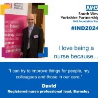 An image with a man smiling to camera along with text - I love being a nurse because I can try to improve things for people, my colleagues and those in our care.