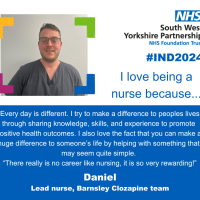 A photo of a male nurse smiling to camera along with the text - I love being a nurse because every day is different. I try to make a difference to peoples lives through sharing knowledge, skills, and experience to promote positive health outcomes. I also love the fact that you can make a huge difference to someone's life by helping with something that may seem quite simple. There really is no career like nursing, it is so very rewarding! Daniel