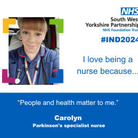 An image of a nurse smiling to camera along with the text - I love being a nurse because people and health matter to me. Carolyn.