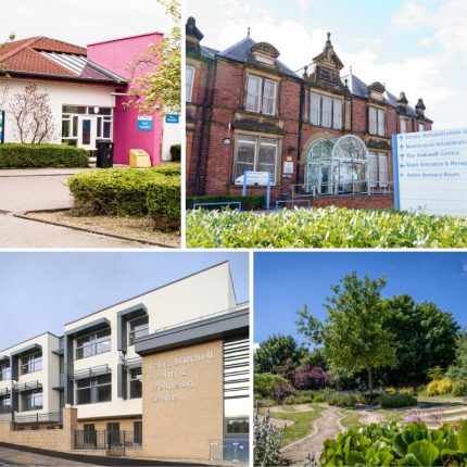 A collage of photos of buildings