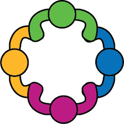 Connecting people icon. Four icons, blue, pink, yellow and green holding hands.