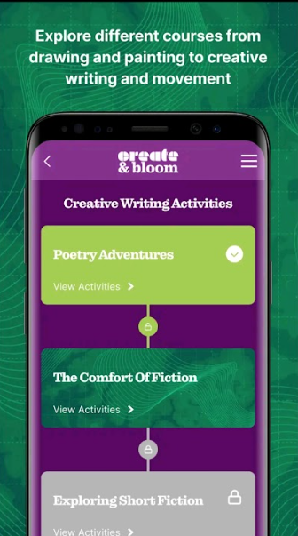 A mobile phone screen displaying an app interface for 'create & bloom' under the category of Creative Writing Activities. The screen lists three sections: 'Poetry Adventures,' 'The Comfort Of Fiction,' and 'Exploring Short Fiction,' each with a button to view activities. The background is green with a pattern, and text at the top reads, 'Explore different courses from drawing and painting to creative writing and movement.