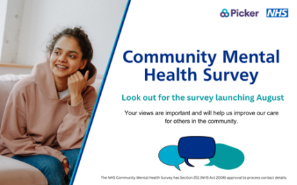 Text reads: Community mental health survey. Look out for the survey launching in August.