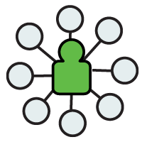 A group of people around a single person icon