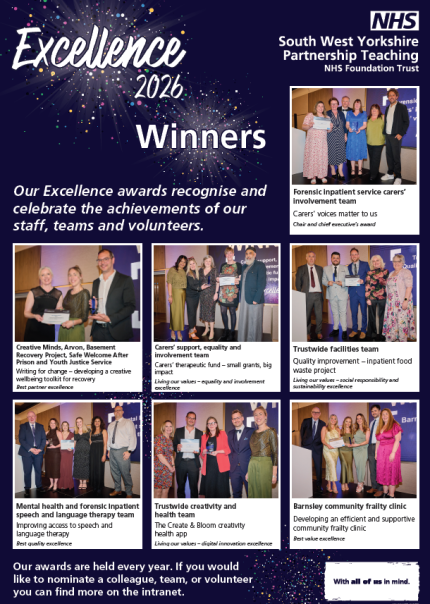 Poster of Excellence 2026 team winners. Text reads our excellence awards recognise and celebrate the achievments of our staff, teams and volunteers. The poster contains six images of winners with their certificates.With the South West Yorkshire Partnership Teaching NHS Foundation Trust logo and 'with all of us in mind' brushtroke.