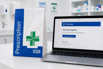 Photo of a prescription bag next to a laptop