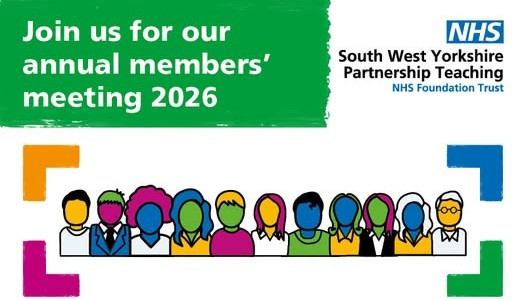 Banner promoting the South West Yorkshire Partnership NHS Foundation Trust Annual Members’ Meeting 2026. The text reads, “Join us for our annual members’ meeting 2026,” alongside the NHS and Trust logo. Along the bottom is a colourful illustration of a diverse group of people standing together, framed by bright corner brackets in orange, pink, blue and green on a white background.
