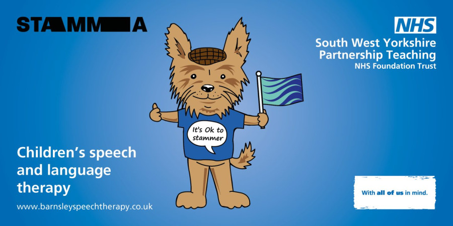 A blue image with a cartoon graphic of a dog