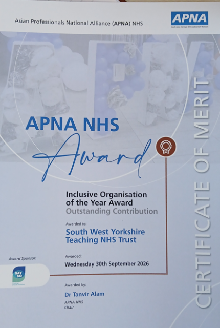 APNA NHS Awards Inclusive Organisation of the Year Outstanding Contribution certificate